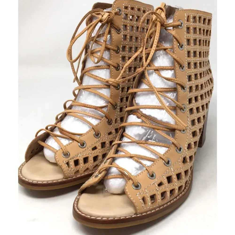 Jeffrey Campbell Cors 2 Size 10 Tan Leather Lace Up Block Heel Open Booties